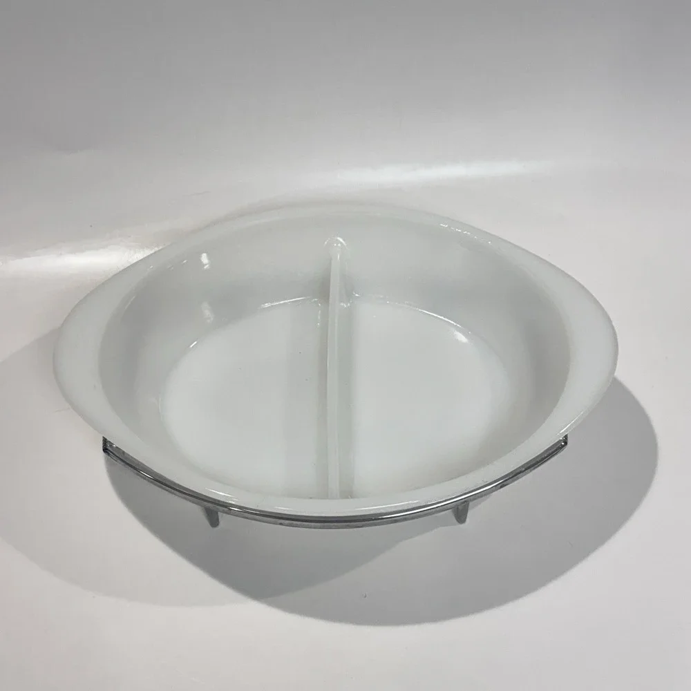 Vintage Glasbake Milk Glass Dish‎ w Blue Flower & Corning Ware Silver Stand